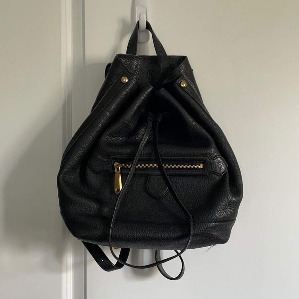 Annabel Ingall Black Leather Drawstring Backpack with Gold Hardware